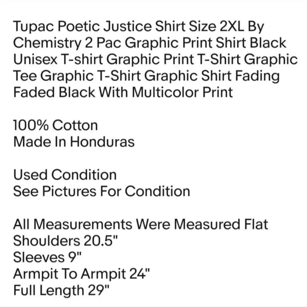 Tupac Poetic Justice Shirt Size 2XL By Chemistry 2 Pac Graphic Print Shirt Black
